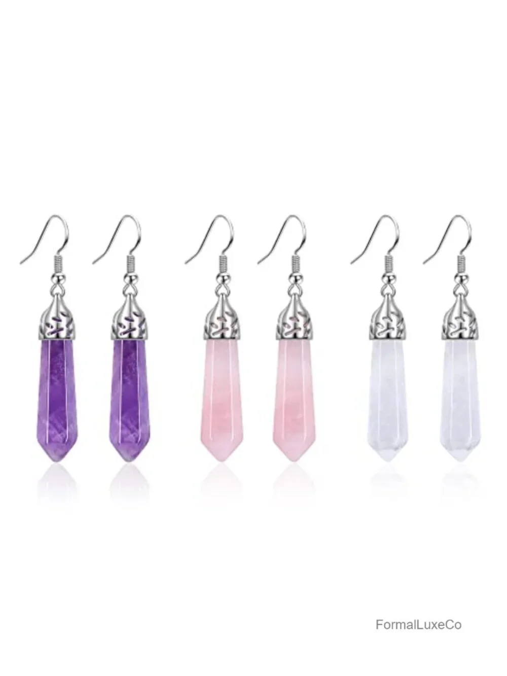 Healing Crystal Dangle Earrings Set for Women - Natural Amethyst Rose Quartz